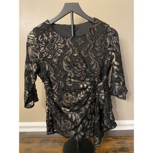 Alfani Velvet-Burnout Side-Tie Top Blouse Black Gold Glitter Party Sz Petite Med